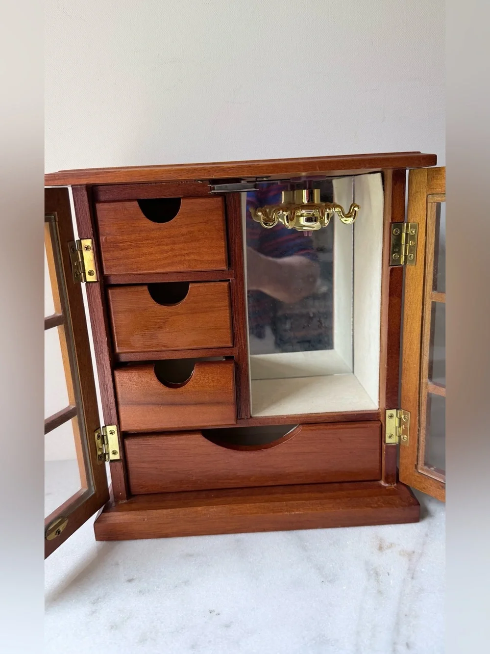 Wooden Glass-Front Jewelry Cabinet in Warm Brown vintage jewelry holder storage